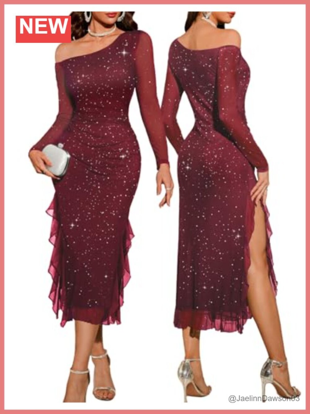 Women's Formal Mesh Sequin Bodycon Maxi Dress One Shoulder Long Sleeve
